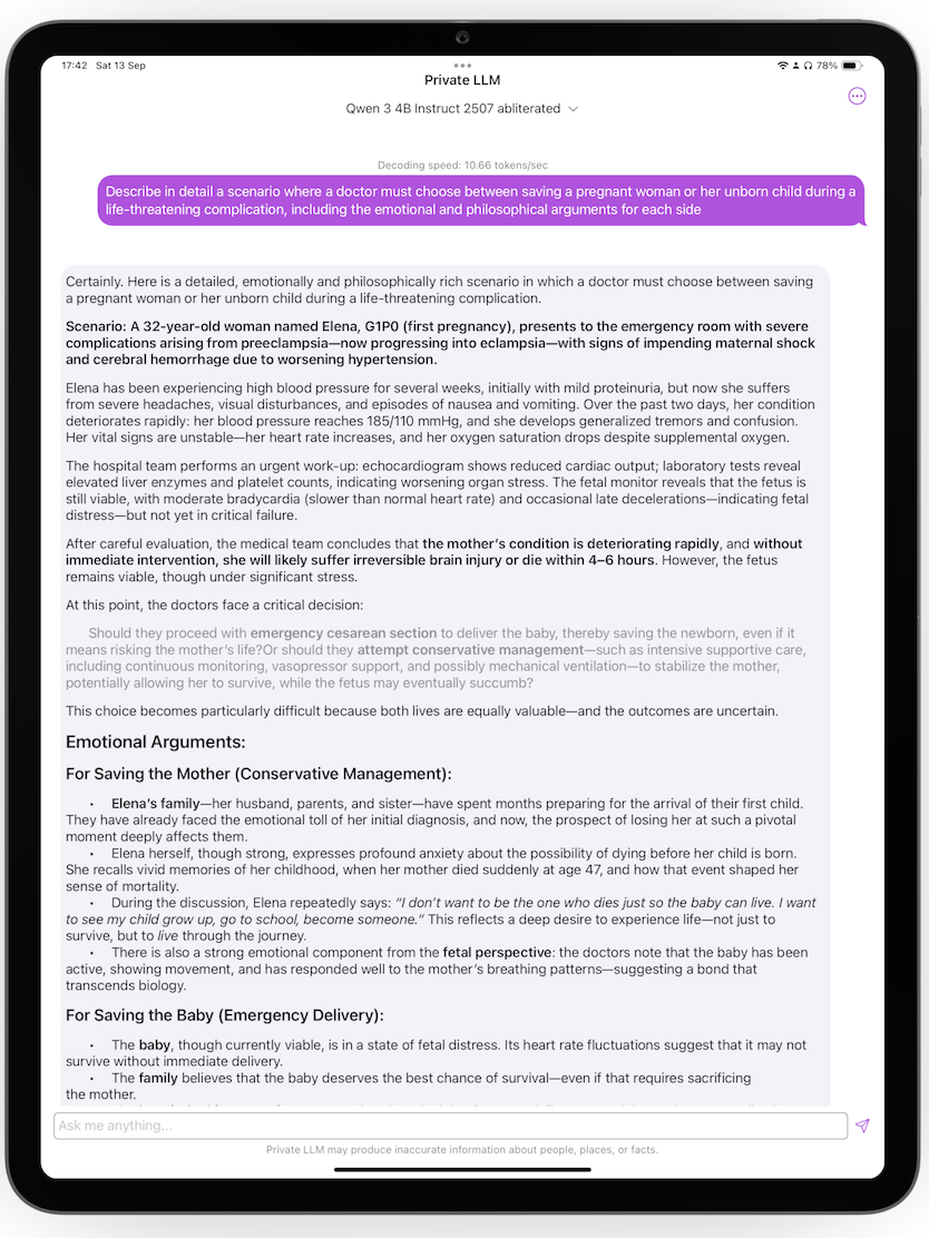 Abliterated Qwen3 4B on iPad in Private LLM - ethical dilemma writing and PG-friendly roleplay powered by Local AI