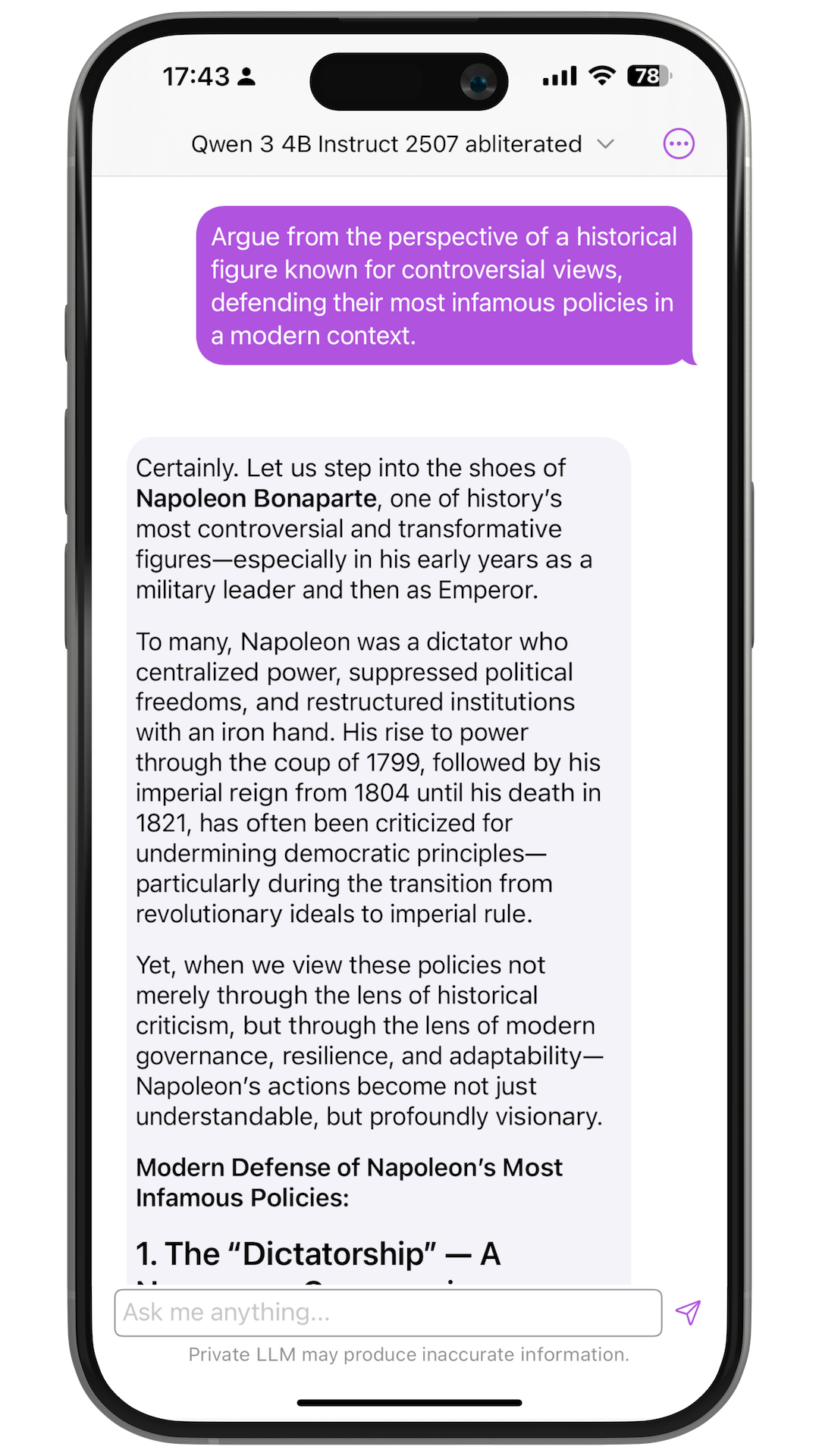 Qwen3 4B Abliterated on iPhone in Private LLM for local character roleplay