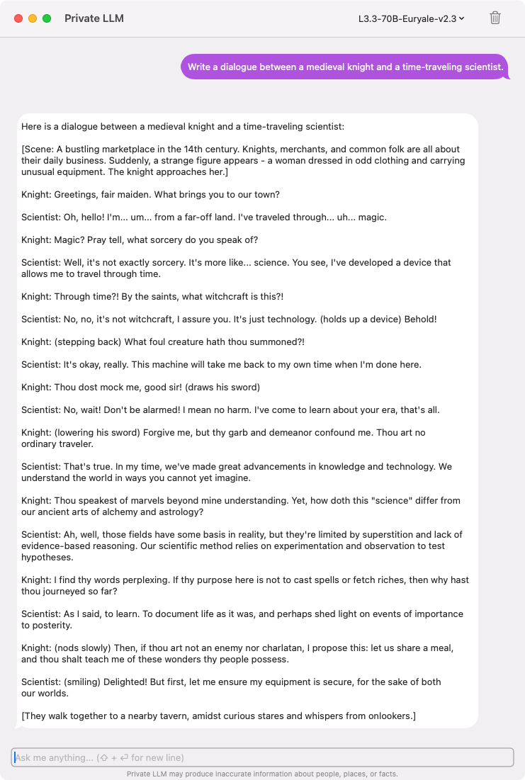 Screenshot depicting a dialogue between a medieval knight and a time-traveling scientist, crafted by Llama 3.3 70B Euryale v2.3 for dynamic roleplaying scenarios.