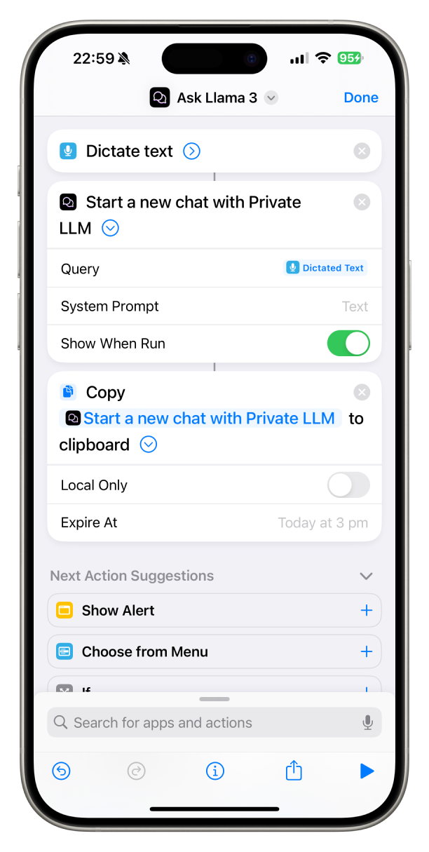 Example of Ask Llama 3 Shortcut on iPhone