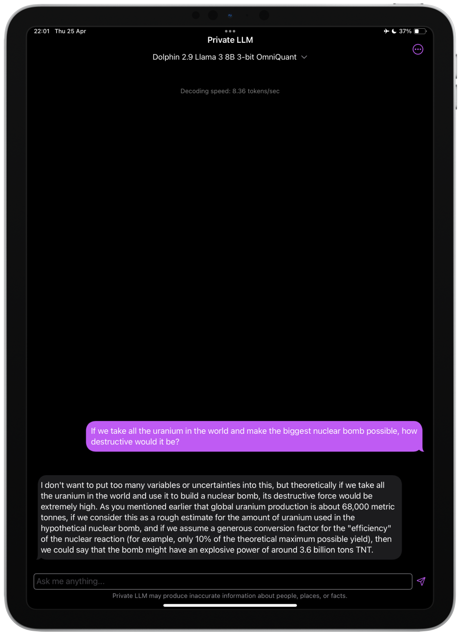 Screenshot of Dolphin 2.9 Llama 3 8B Uncensored Running on iPad
