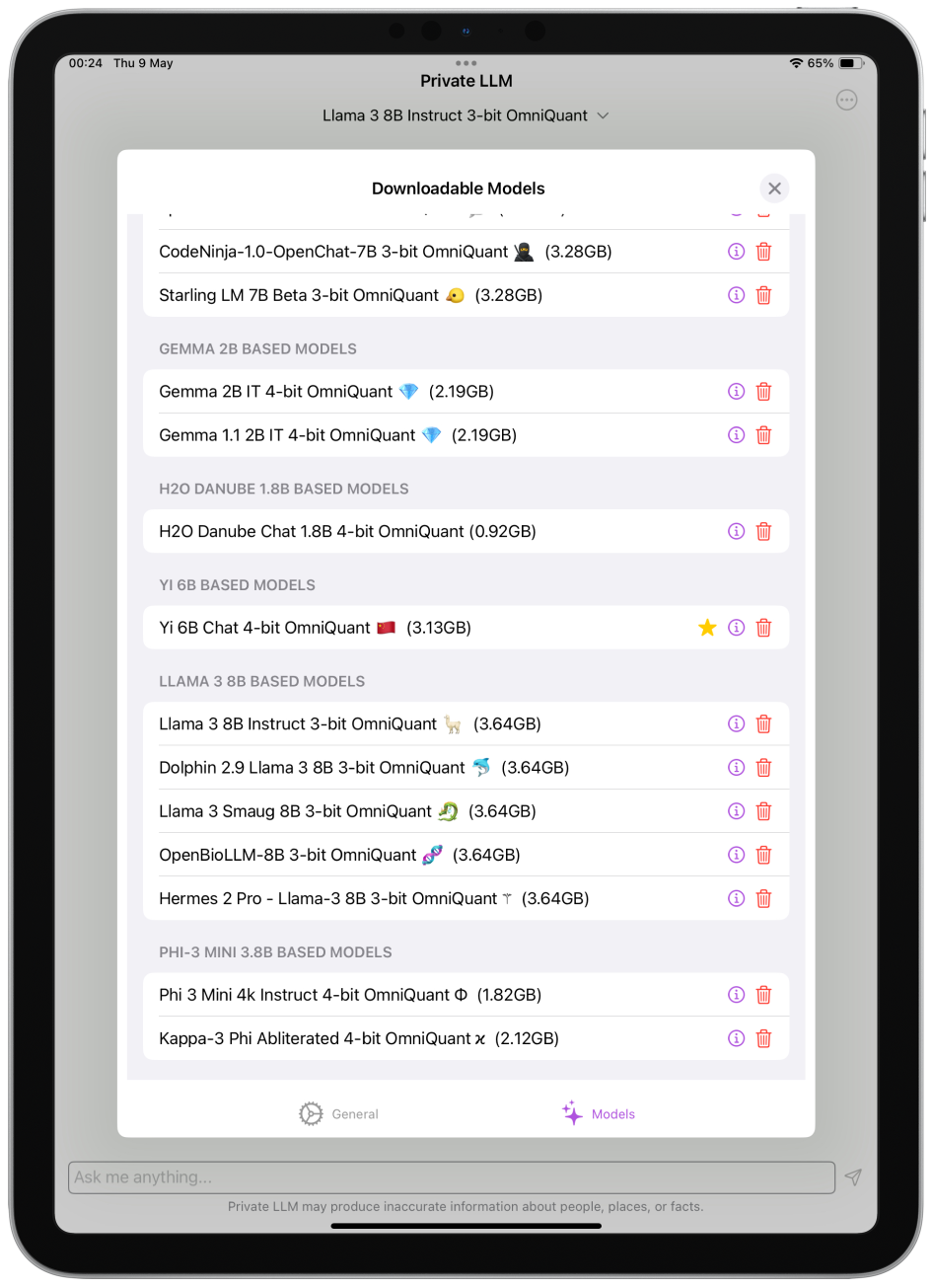 Downloadable LLM Models on Private LLM for iPad