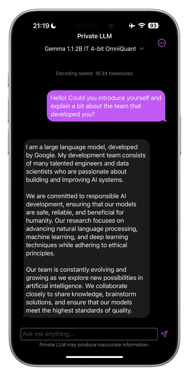 Screenshot of Google Gemma 1.1 2B Running Locally on iPhone