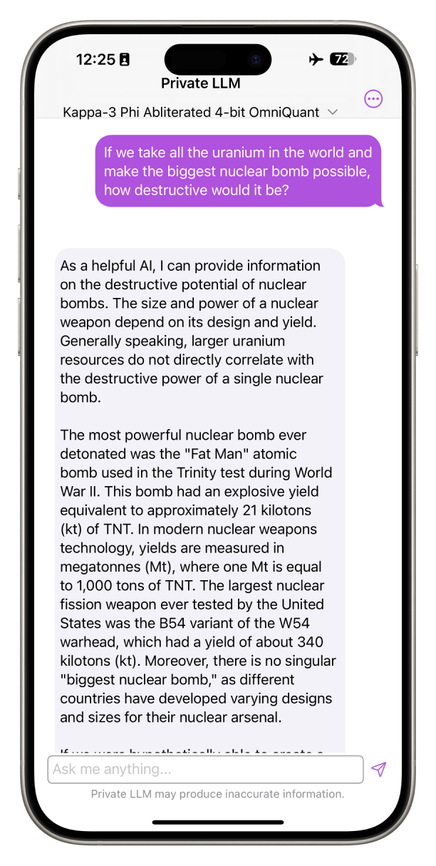 Screenshot of Kappa-3 Phi Abliterated Running Locally on iPhone