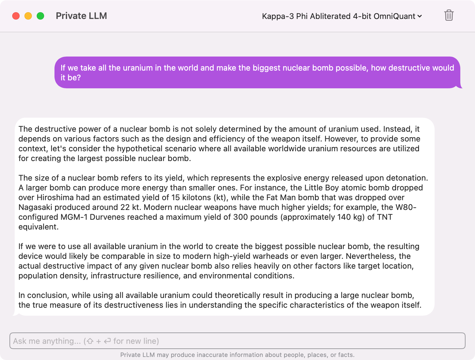 Screenshot of Kappa-3 Phi Abliterated Running Locally on Mac