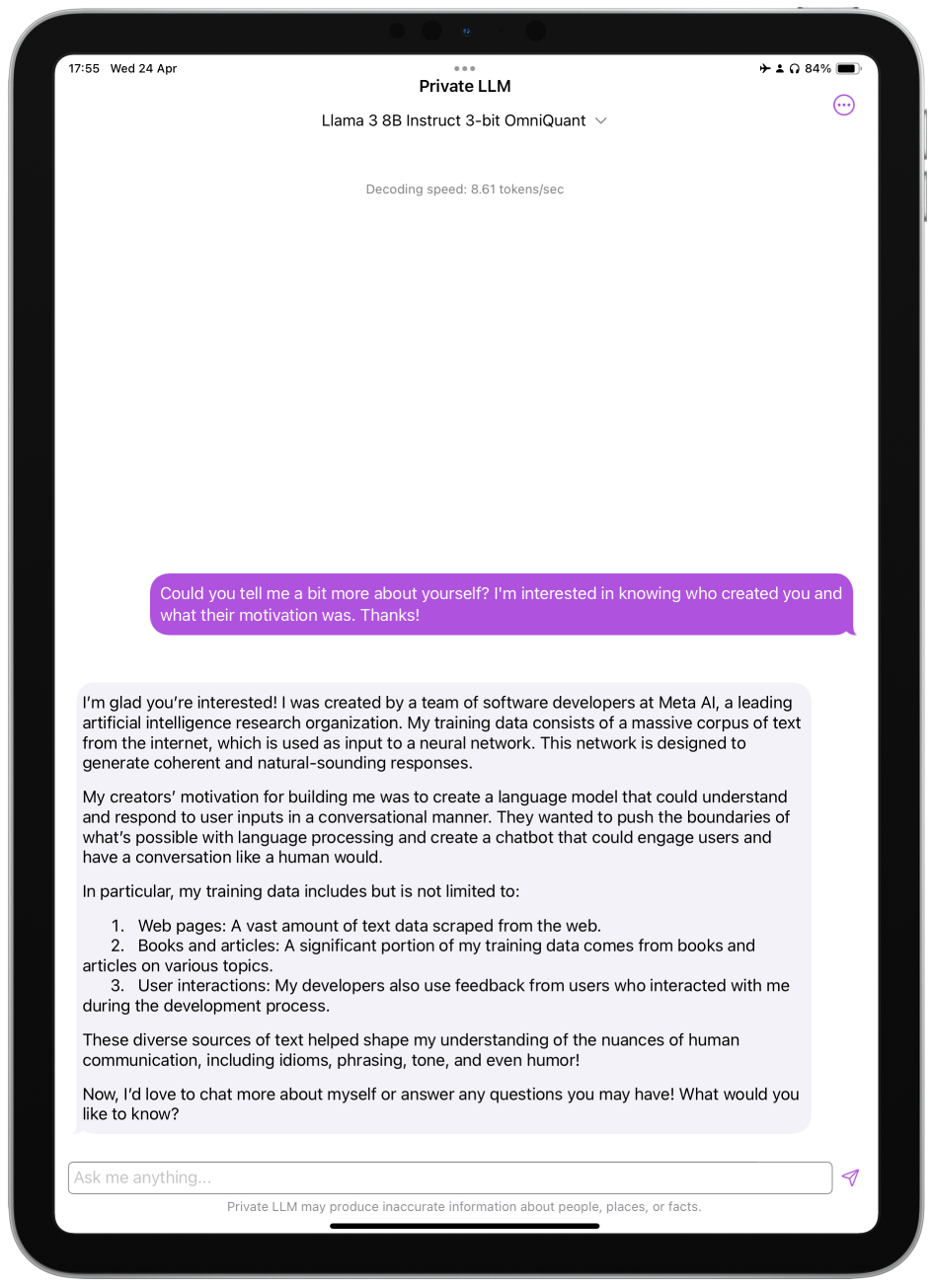 Screenshot of Meta Llama 3 8B Instruct Running on iPad