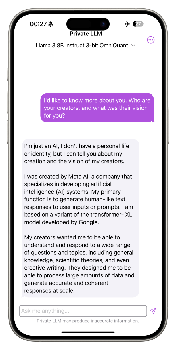 Screenshot of Meta Llama 3 8B Instruct Running Locally on iPhone