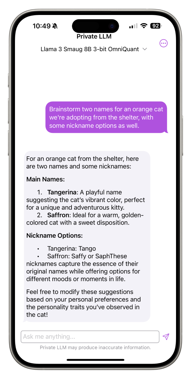 Screenshot of Llama 3 Smaug 8B Running Locally on iPhone