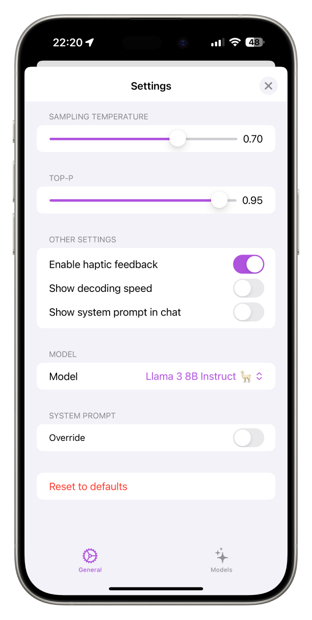 Screenshot showing Private LLM's sampling setting on iPhone