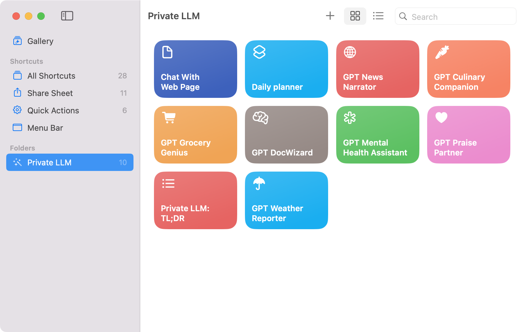 Screenshot of Mac showcasing shortcuts created with Private LLM